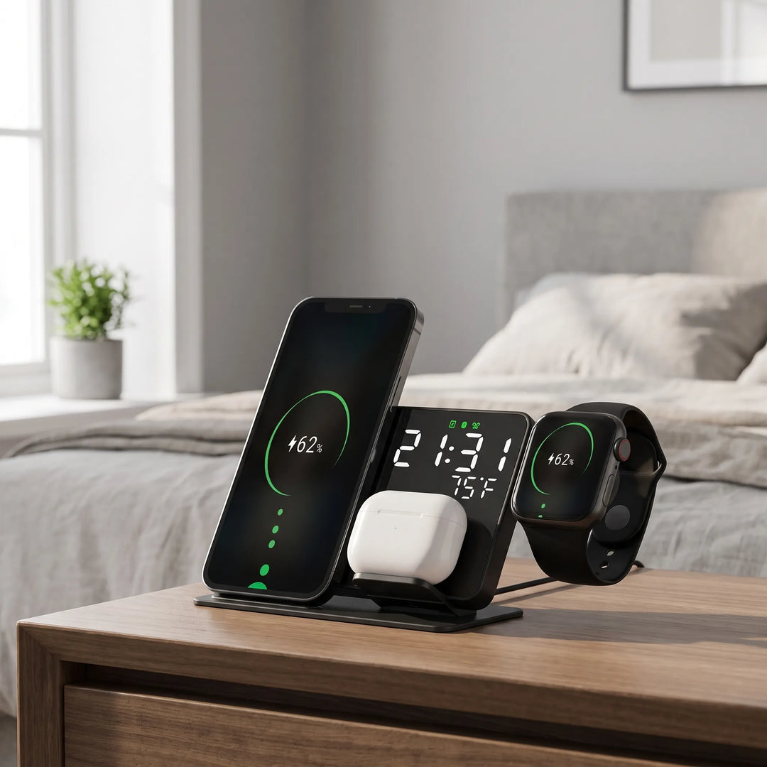 4-in-1 wireless charging station holding phone, earbuds, and smartwatch on wooden nightstand