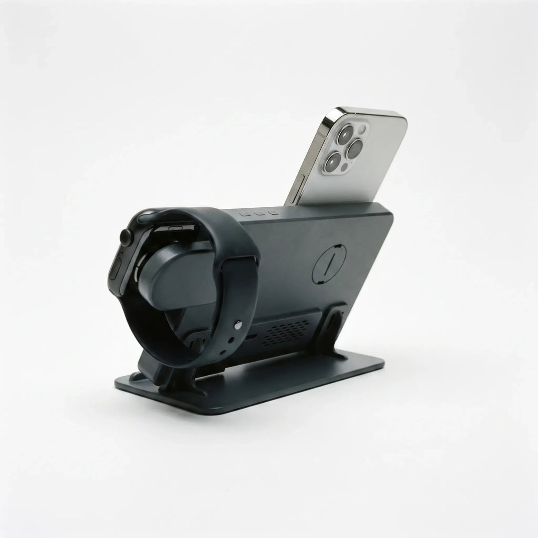 Universal 4-in-1 wireless charging station with digital bedside clock and phone stand