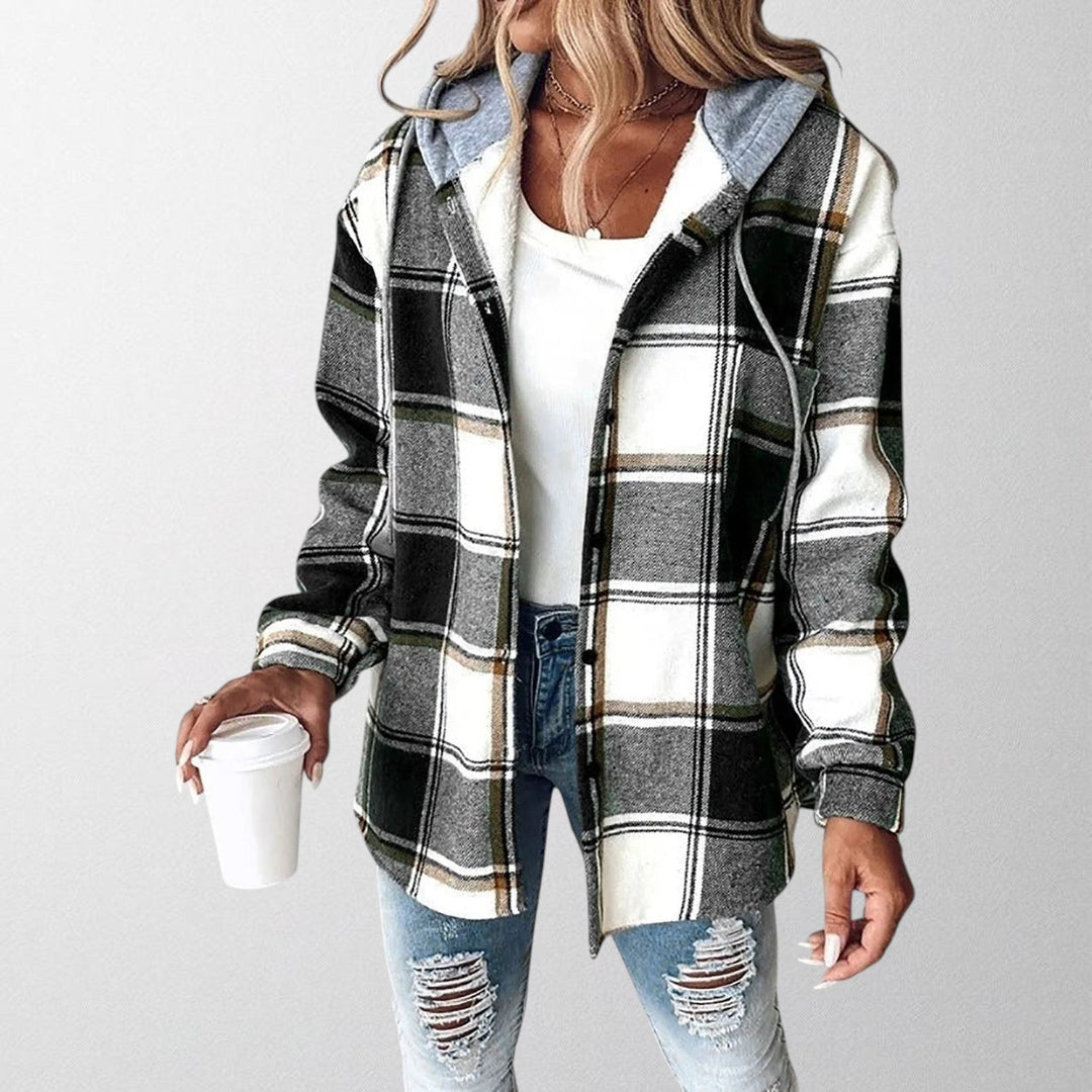 Casual women's hooded plaid jacket in relaxed fit for cool weather