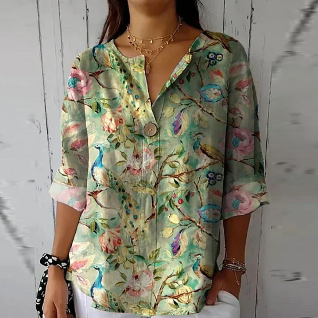 Lightweight summer fashion blouse with colorful floral pattern