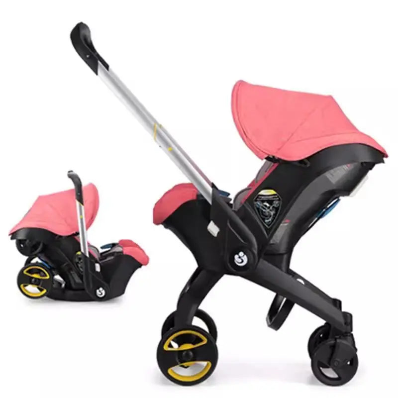Pink 4-in-1 baby stroller and car seat travel system with matching carrier
