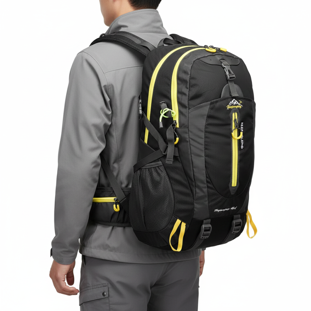 Man wearing black 40 liter water resistant outdoor backpack