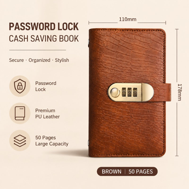 Savings book money organizer featuring secure lock and stylish vegan leather