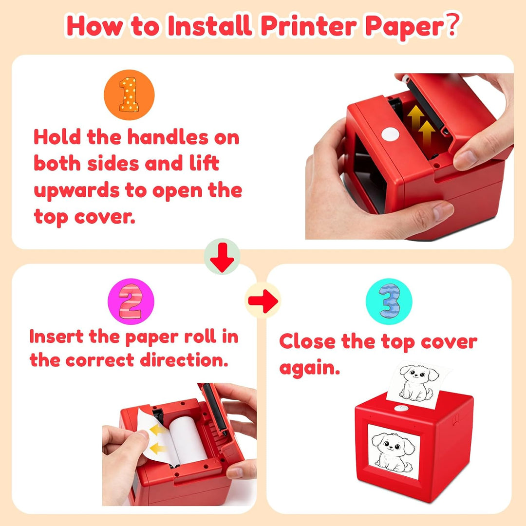 Compact mini sticker printer drawing tablet showing printed adhesive labels