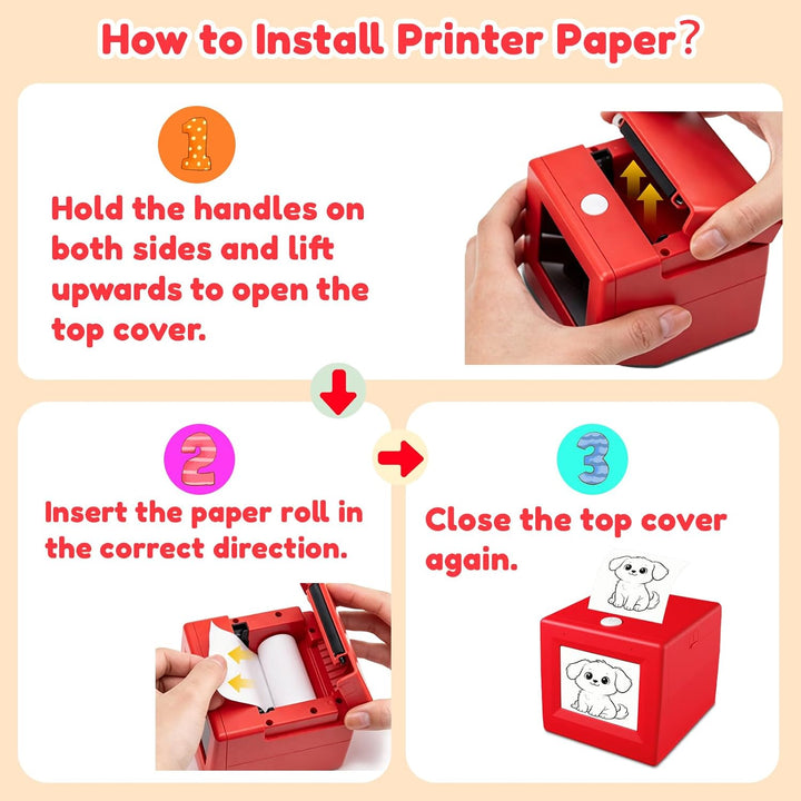 Compact mini sticker printer drawing tablet showing printed adhesive labels