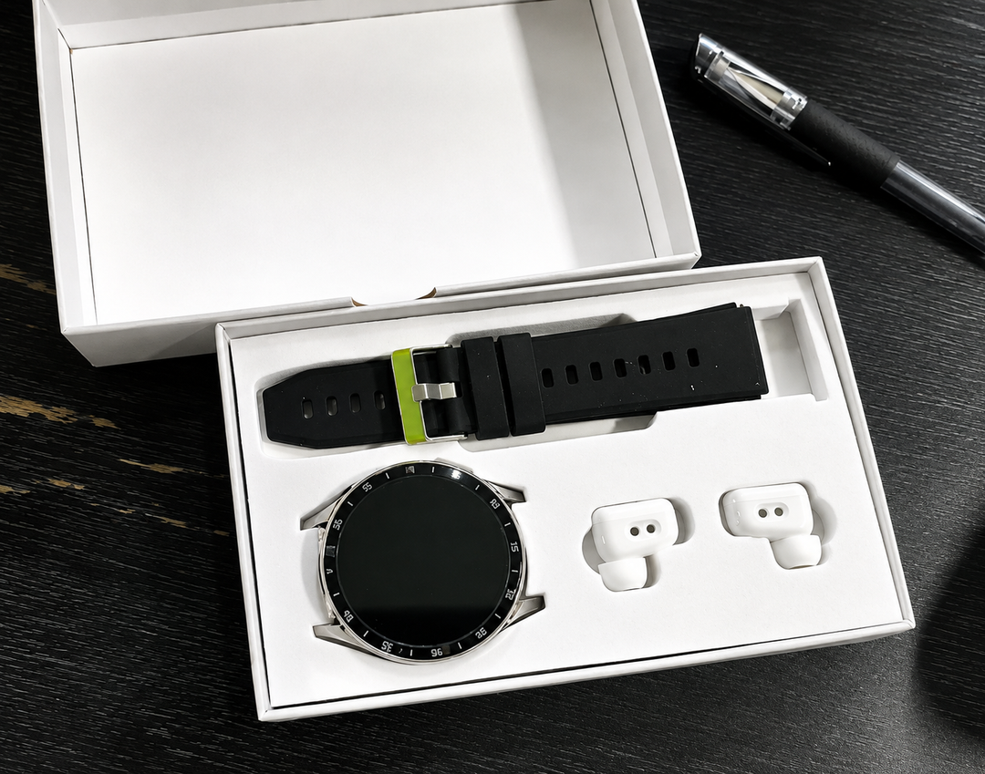 Smartwatch, strap, and earbuds neatly arranged inside a white product box