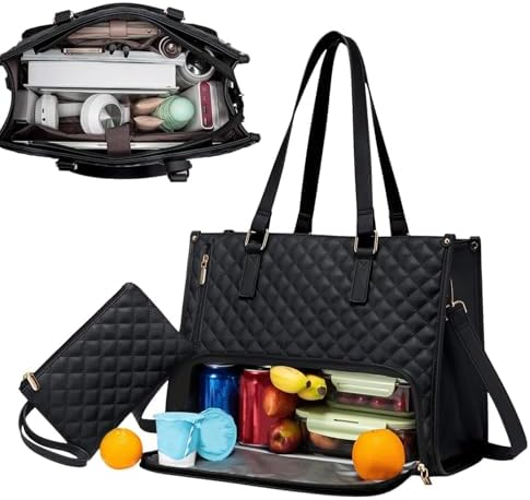 Overhead view of the organized interior and insulated bottom compartment of the black tote bag.