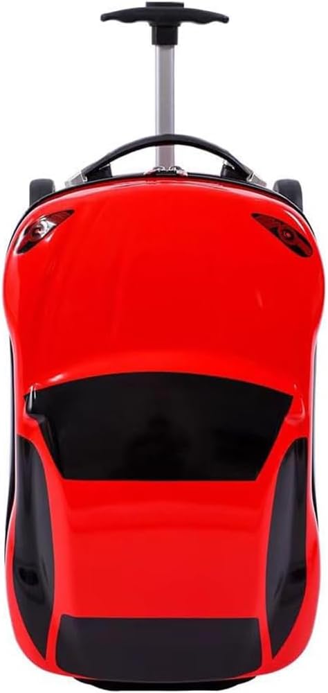 Front view of red kids car suitcase with extended handle