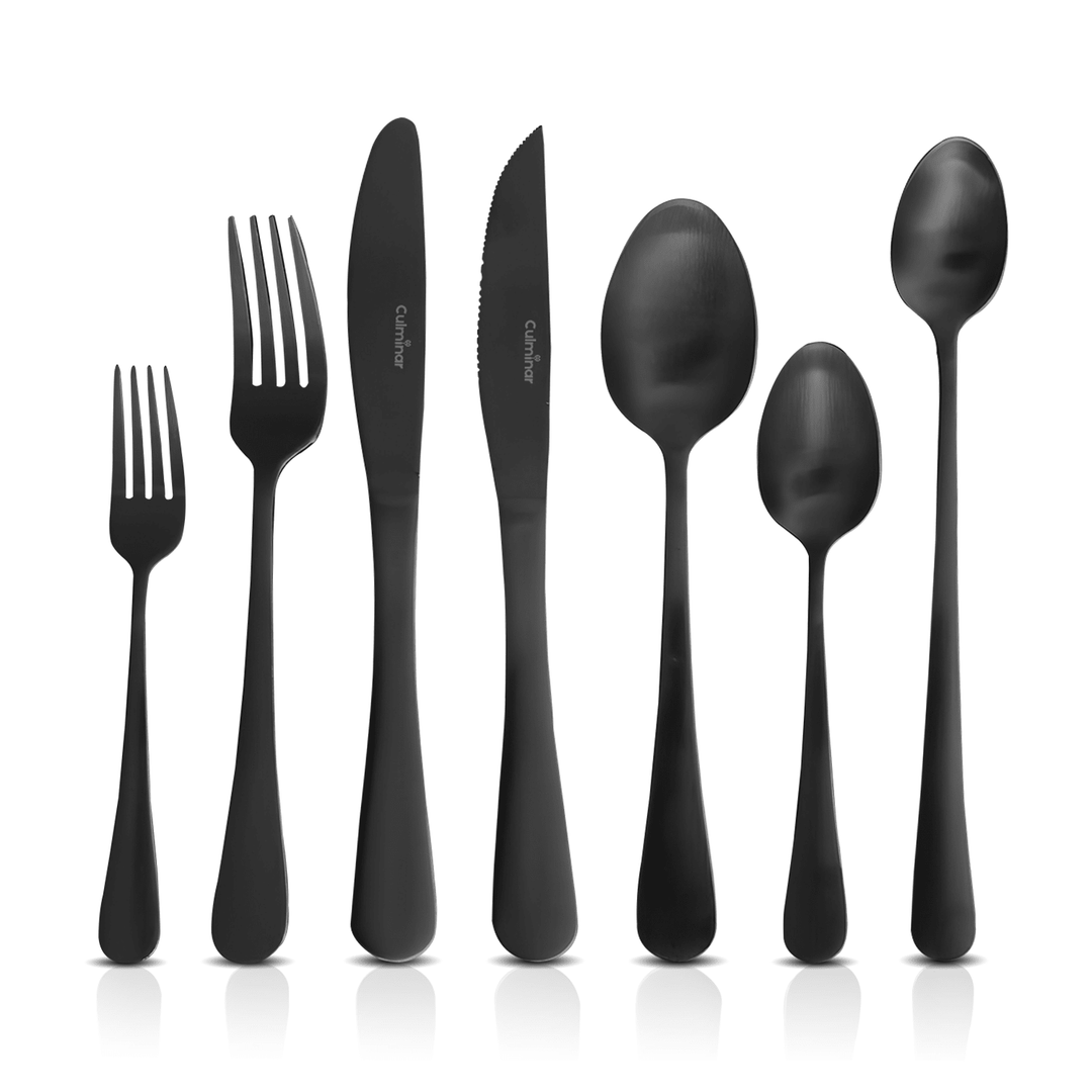Modern matte black 42-piece cutlery set displaying forks, knives, and spoons