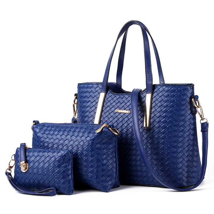 Back view of the chic blue shoulder bag highlighting its clean lines and flat base.