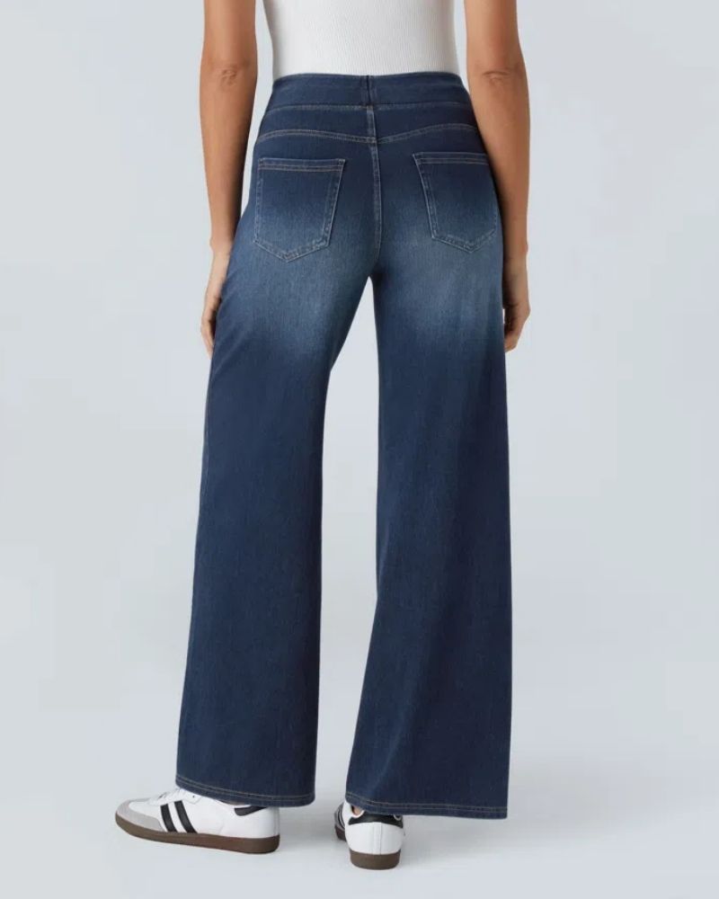 Detailed shot of back pocket and stitching on casual wide-leg trousers