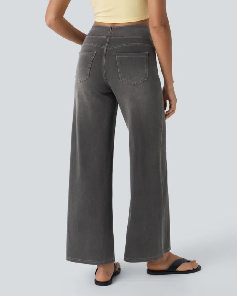 Full outfit styling idea with women's comfort denim wide-leg jeans