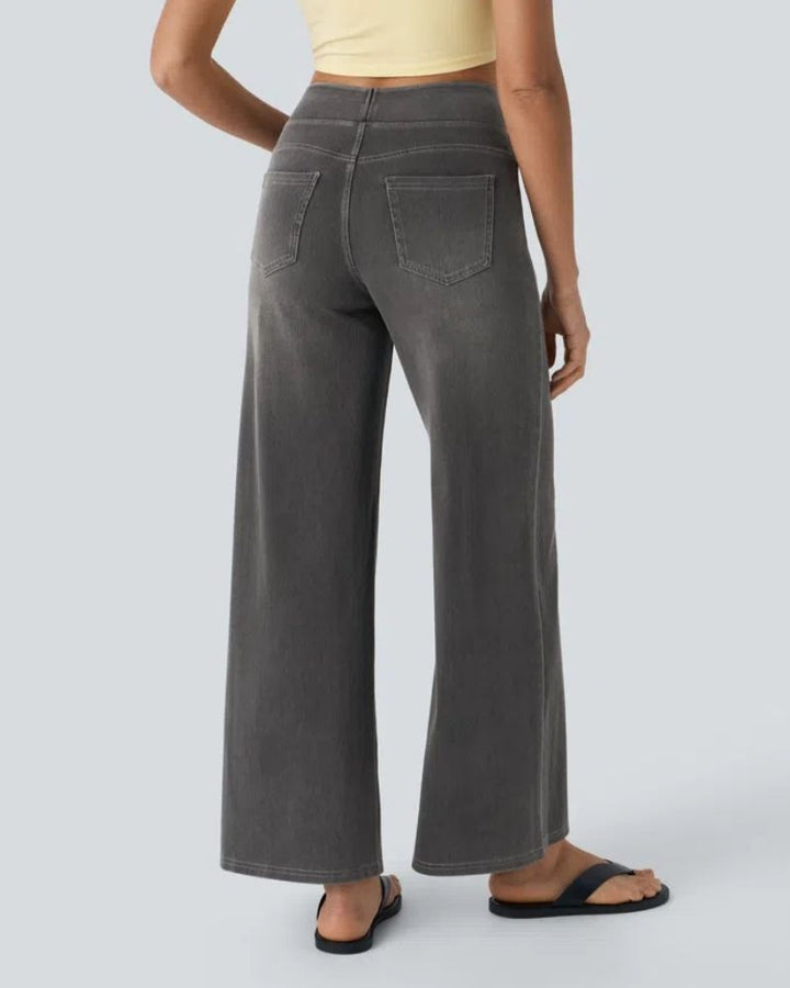 Full outfit styling idea with women's comfort denim wide-leg jeans
