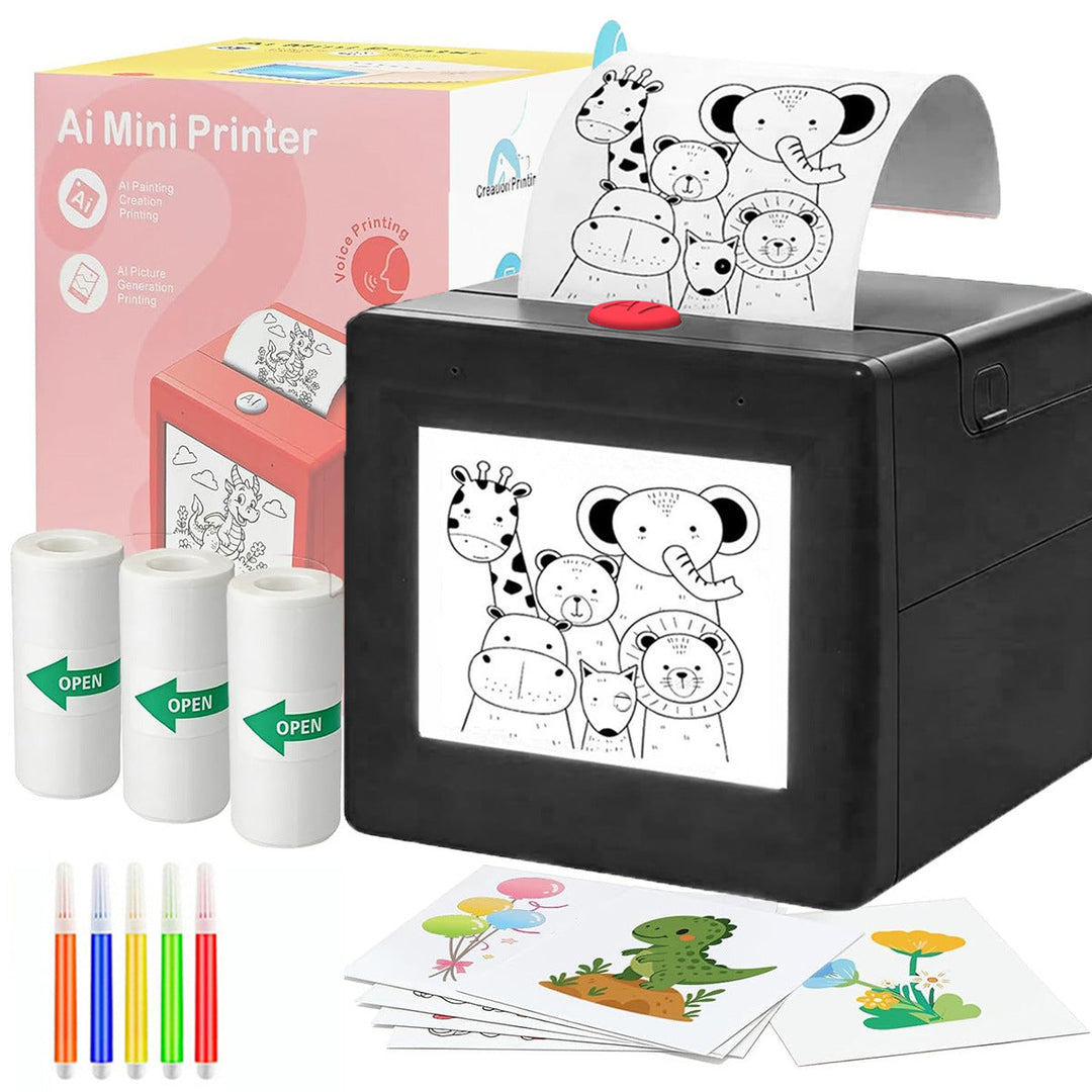 Close-up of printed thermal sticker labels from the kids mini printer toy