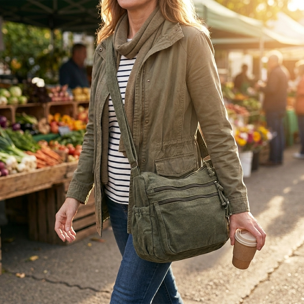 Woman walking through an outdoor market carrying an olive green canvas tote bag over her shoulder.