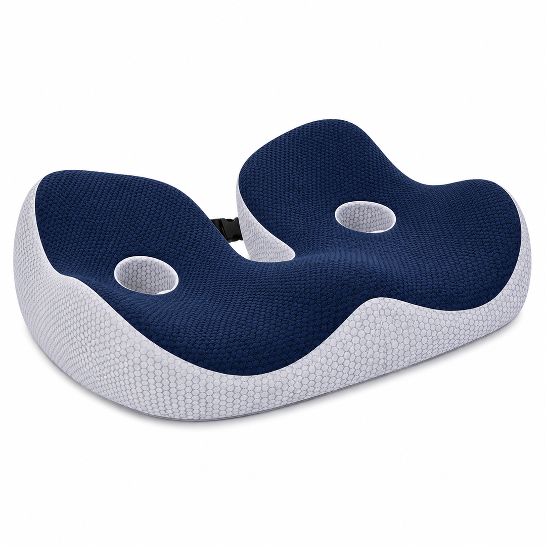 Ergonomic blue memory foam seat cushion with contoured design and cutout handle