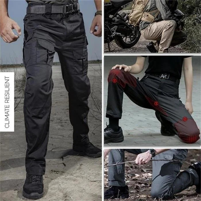 Green waterproof tactical cargo pants showing durable ripstop fabric