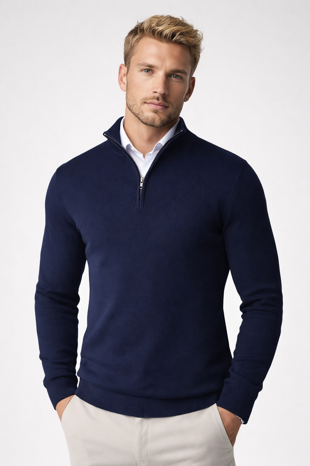 Flat lay of mens high neck pullover styled for smart casual wear