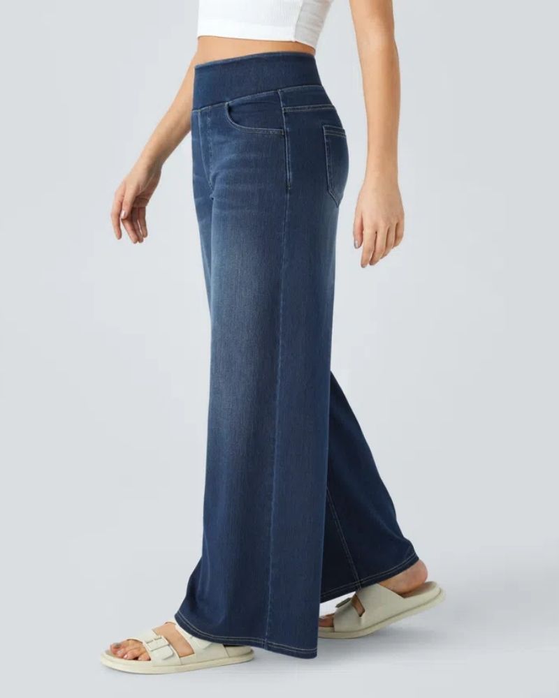 Lifestyle view of woman wearing comfortable high-waist casual pants