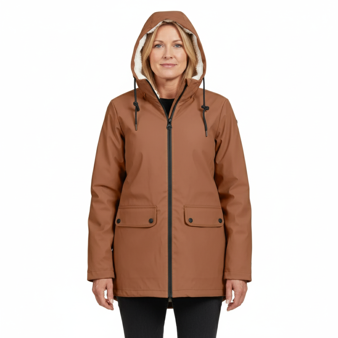 Front view of a woman wearing an earth yellow waterproof hooded coat with plush lining