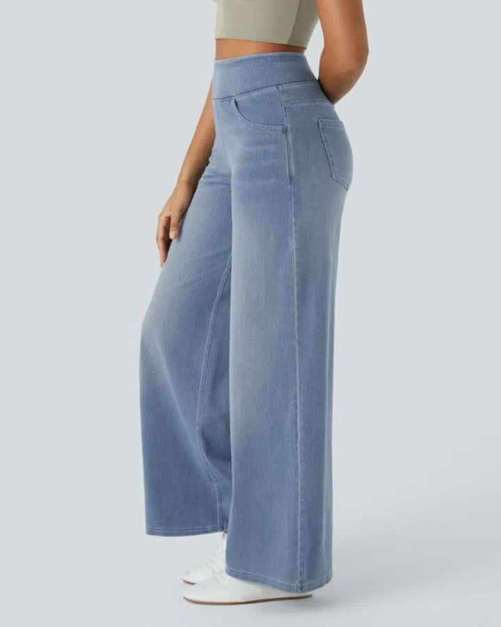 Inner waistband tag and construction details of women's relaxed jeans