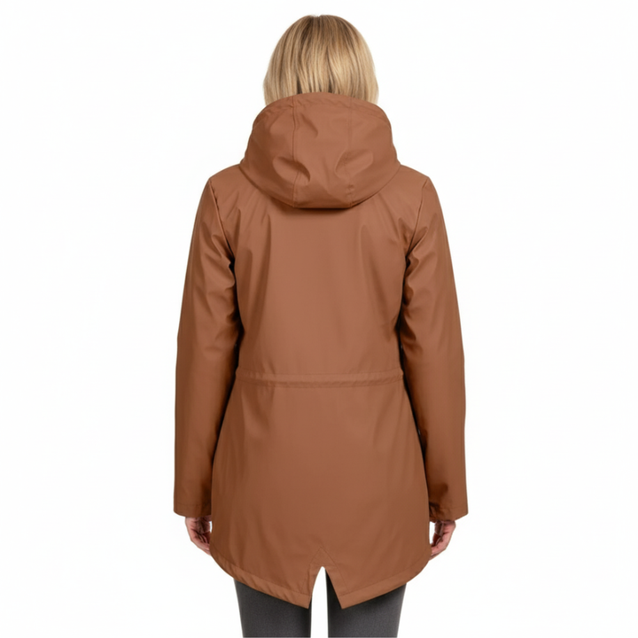 Back view of a woman wearing an earth yellow waterproof hooded coat with adjustable hood