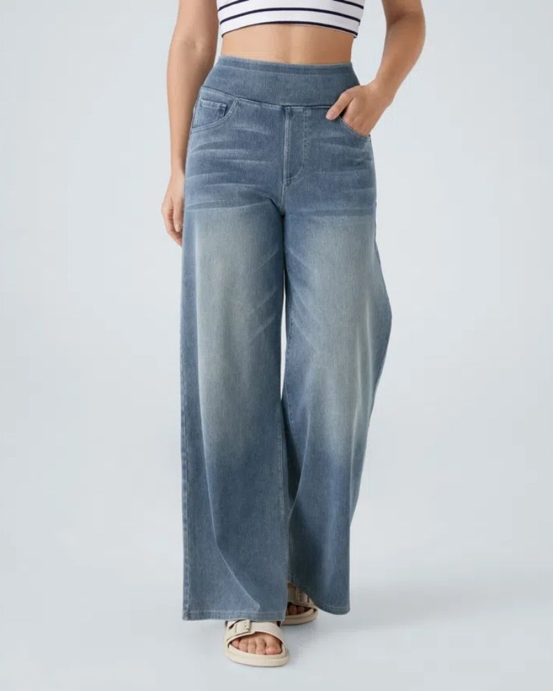 Complete full-length look of women's stylish wide-leg denim pants