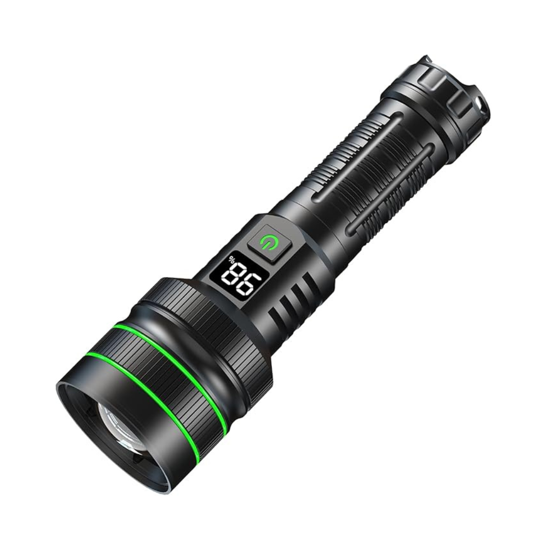 Black zoomable LED torch with digital battery display and green accent rings