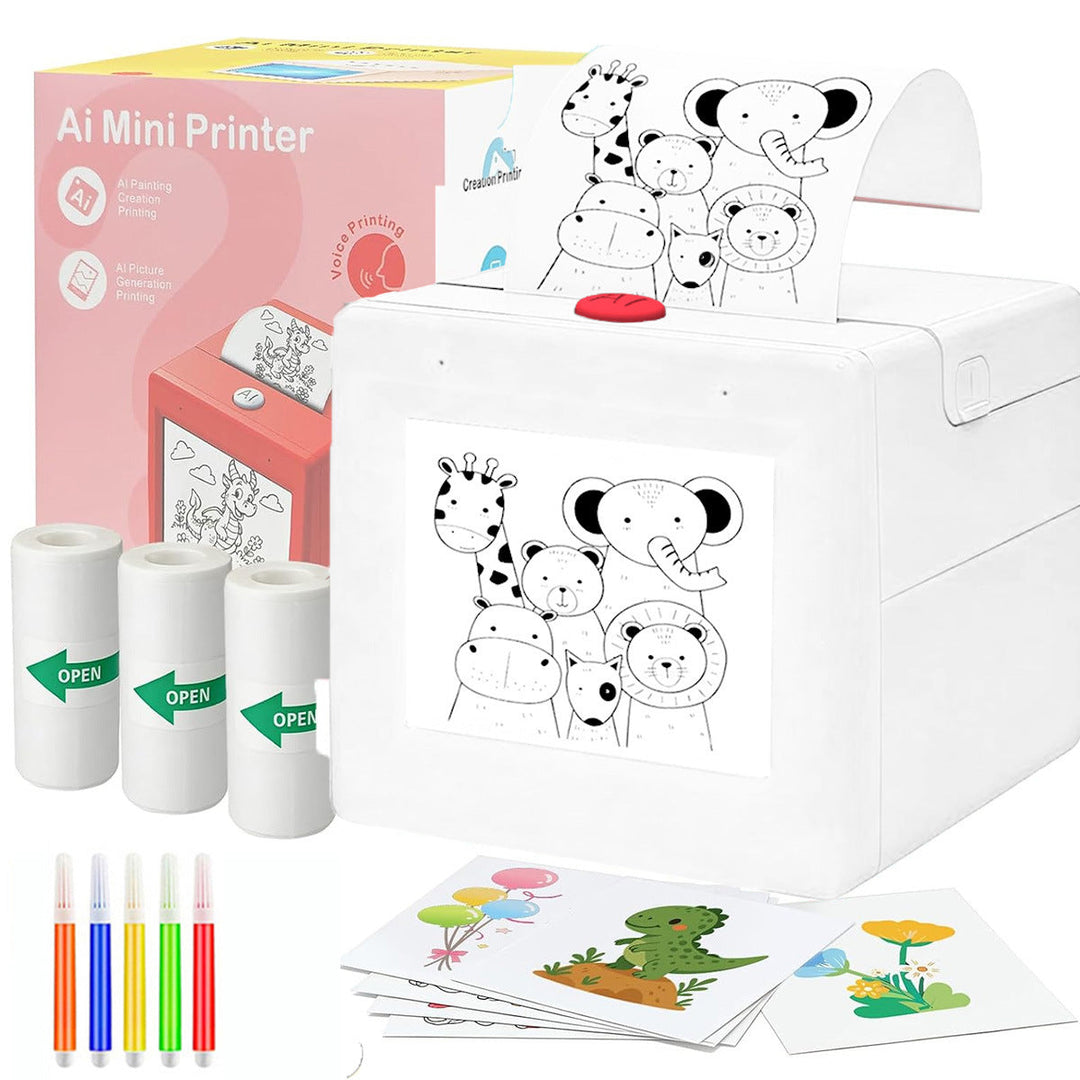 Complete kids craft kit with voice-activated mini sticker printer and rolls