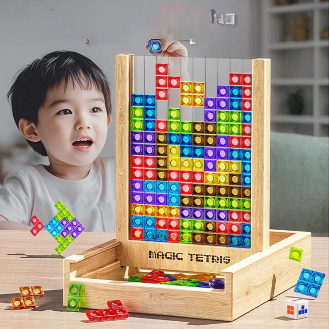 Wooden Tetris puzzle game board with colorful geometric blocks for kids and adults.