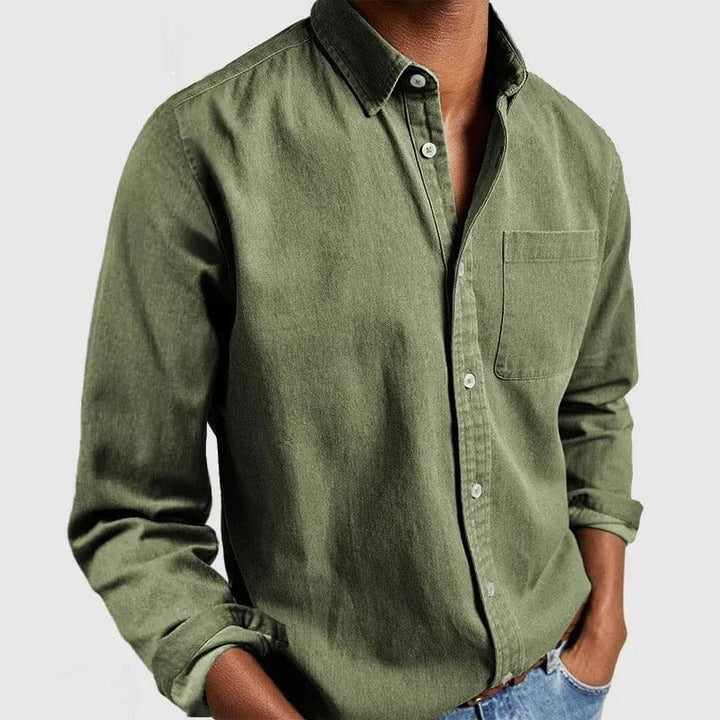 Side profile view showcasing the tailored fit of the mens casual shirt