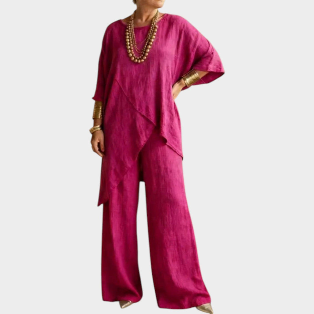Back view of women's wide leg pants and stylish matching top summer outfit