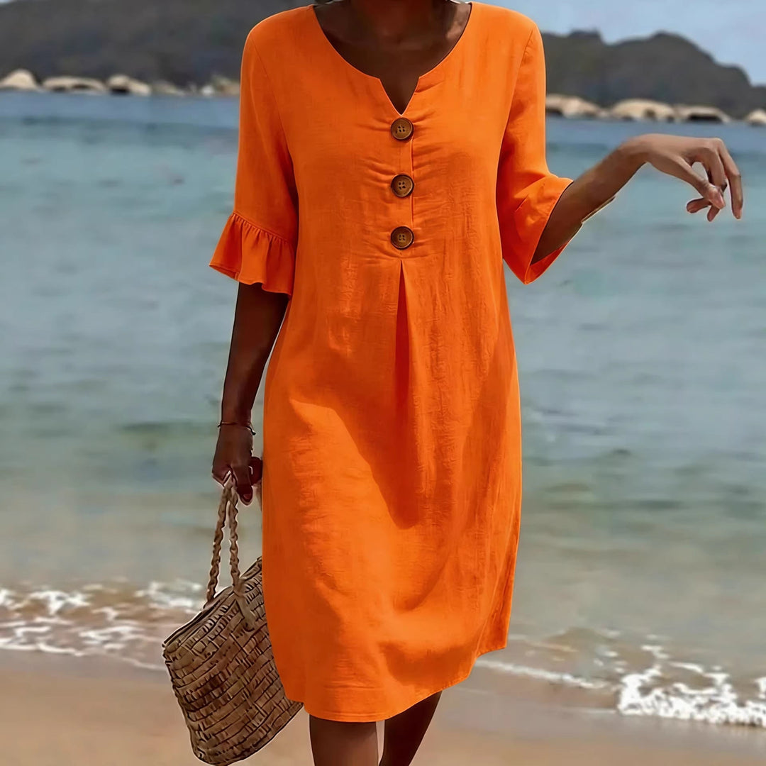 Women's casual V-neck mini dress in relaxed fit front view