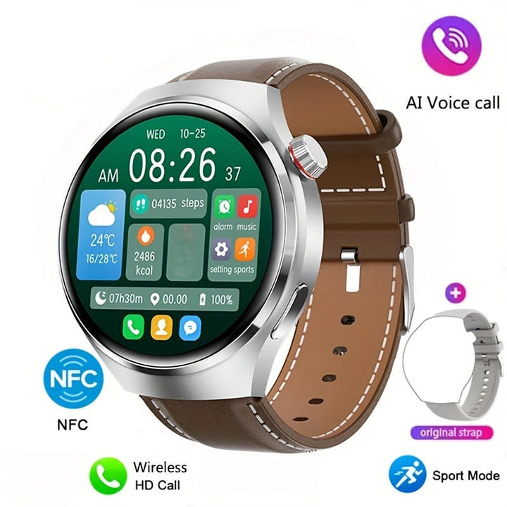 Men's NFC smartwatch fitness tracker displaying daily step count and burned calories.