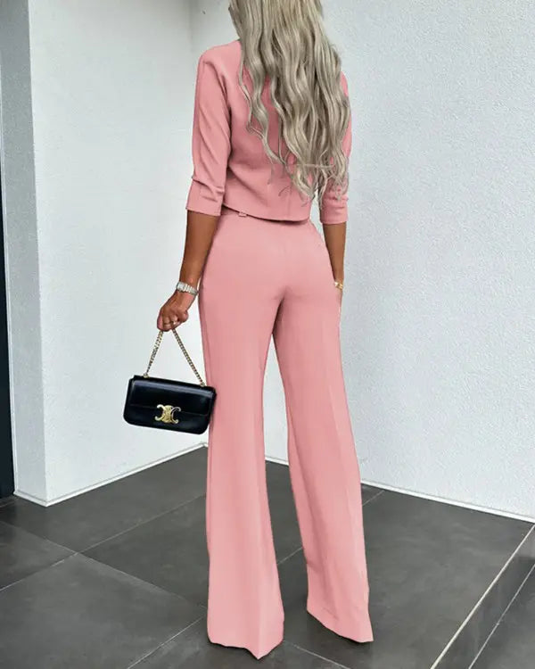 Lifestyle shot featuring the casual chic two piece ensemble in daylight