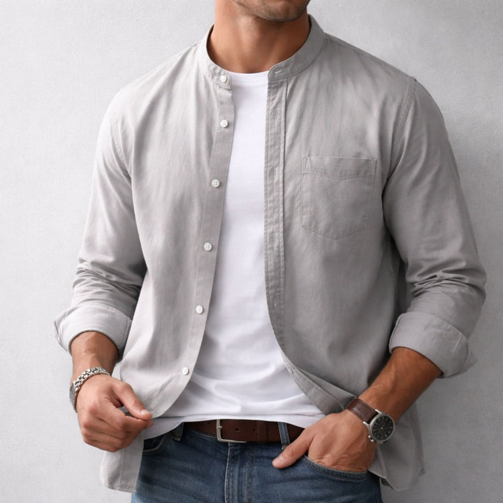 Model wearing men's casual long sleeve shirt outdoors
