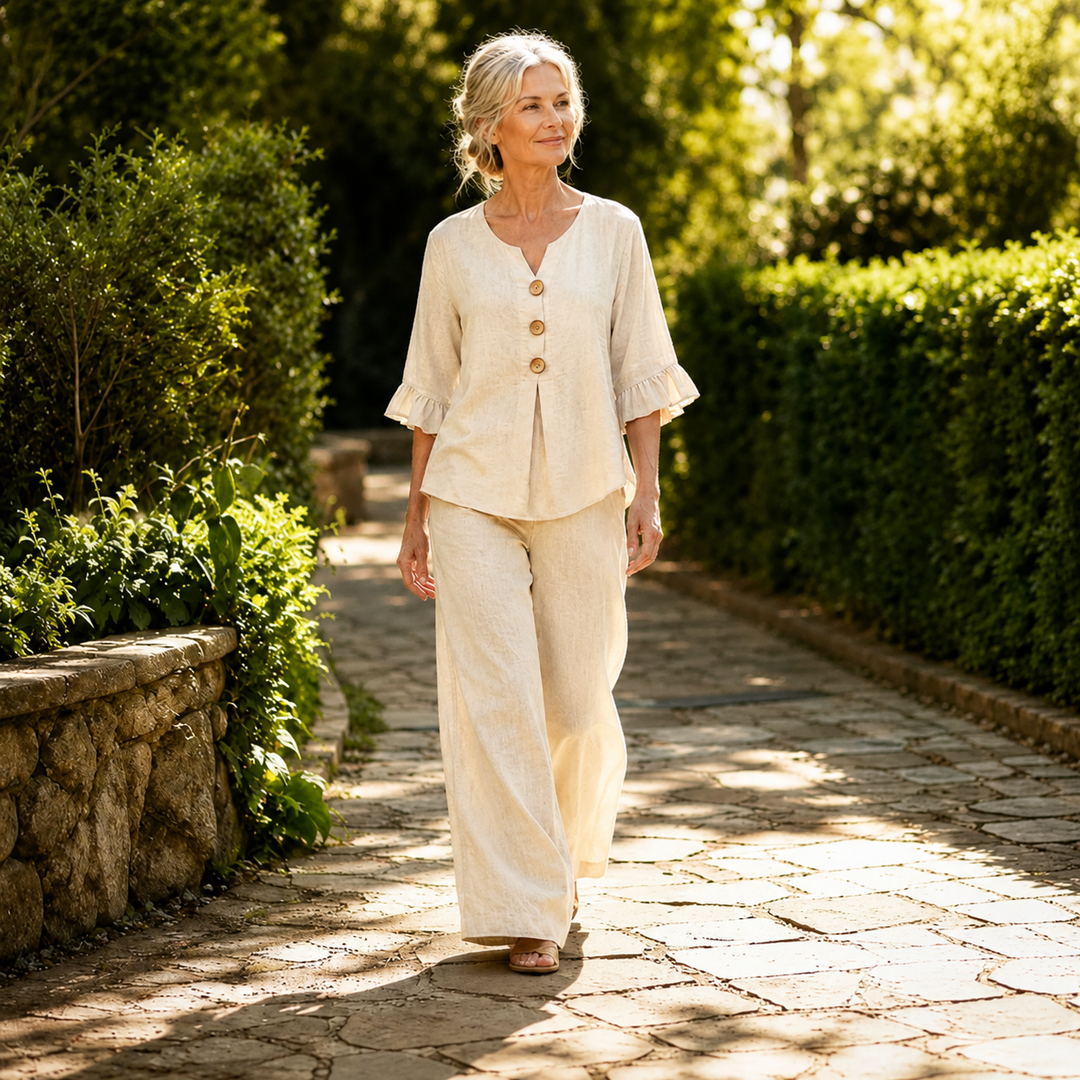 Detailed view of the elastic waistband on the comfortable wide-leg linen trousers