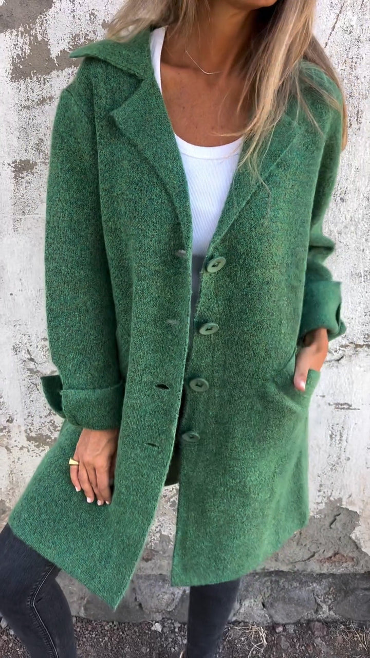 Pocket detail on the women's long knit coat outerwear