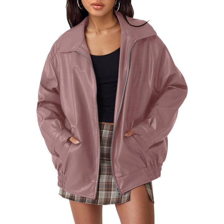 Casual womens outerwear oversized leather jacket, side profile