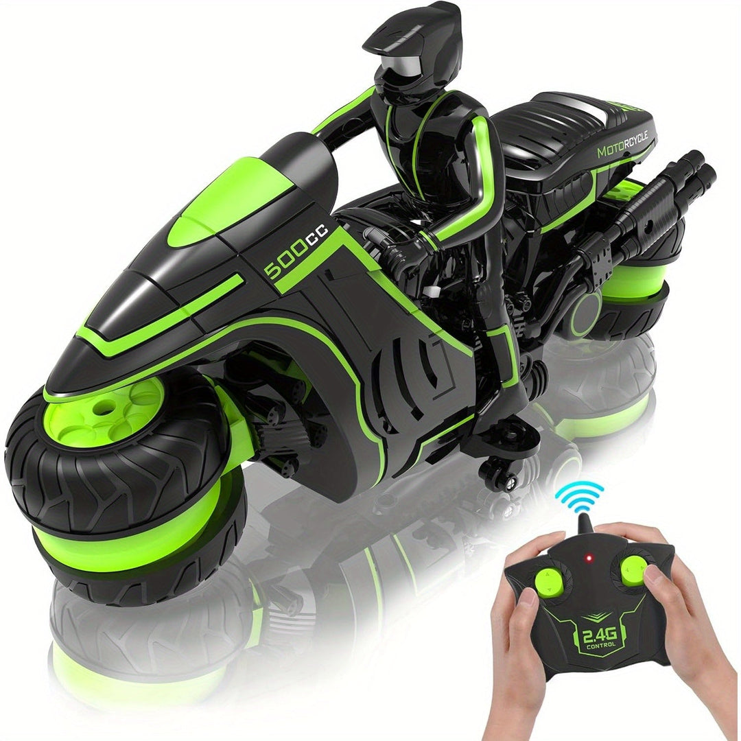 Kids remote control stunt motorbike in black and green with controller
