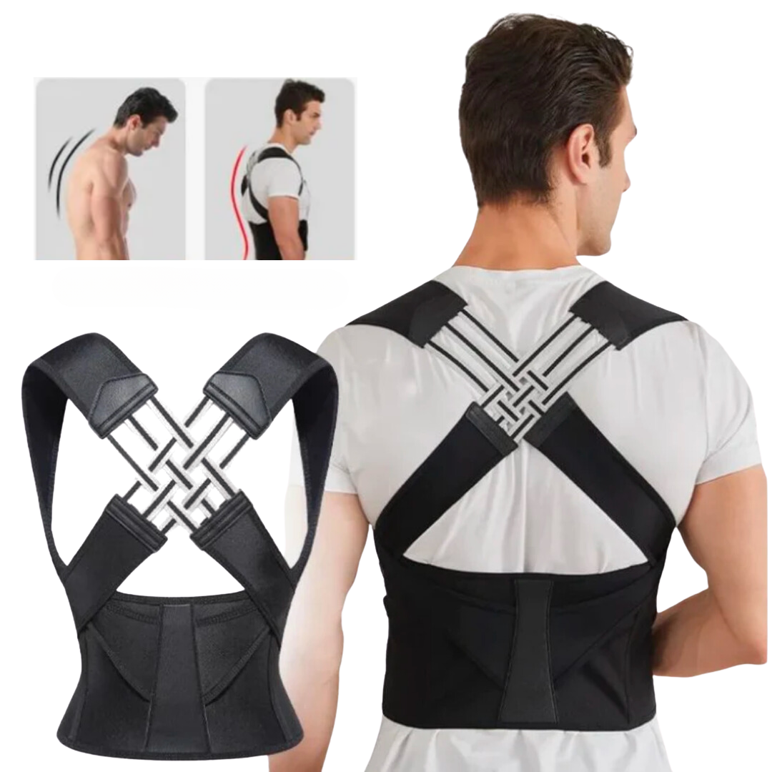 Man wearing black ergonomic back posture corrector showing alignment improvement