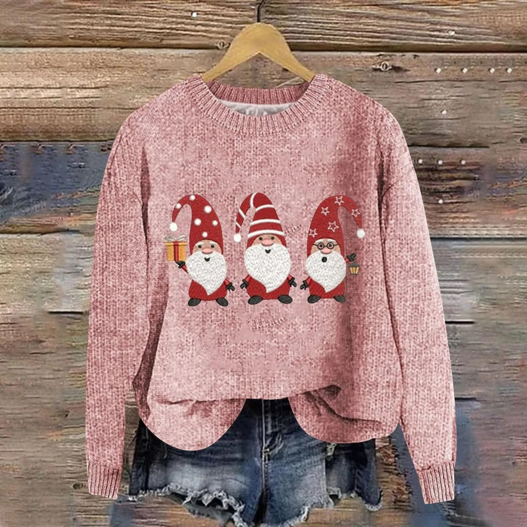 Model wearing stylish Christmas sweater paired with casual pants for holiday fashion