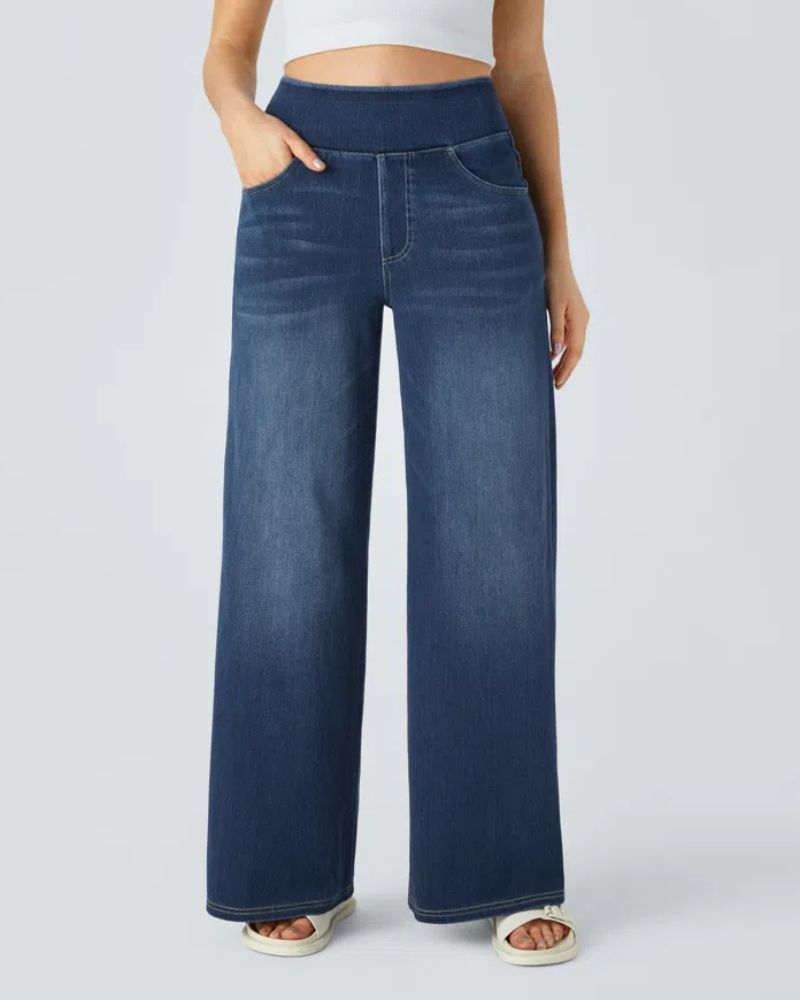 Relaxed fit women's denim pants from the back showing pocket placement