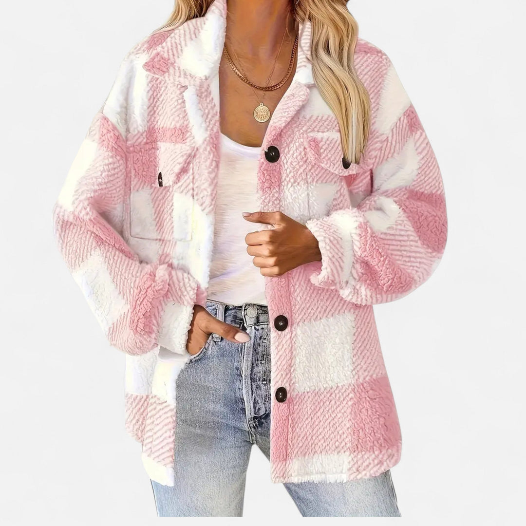 Side profile of casual oversized plaid button-up shirt jacket for women in winter fashion style