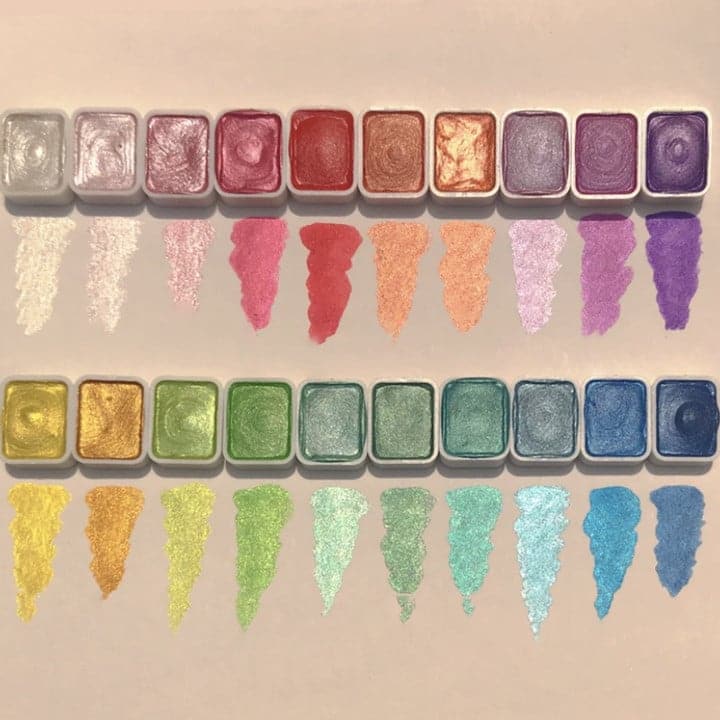 Full 20-colour watercolour pan palette displayed with pigment swatch strokes