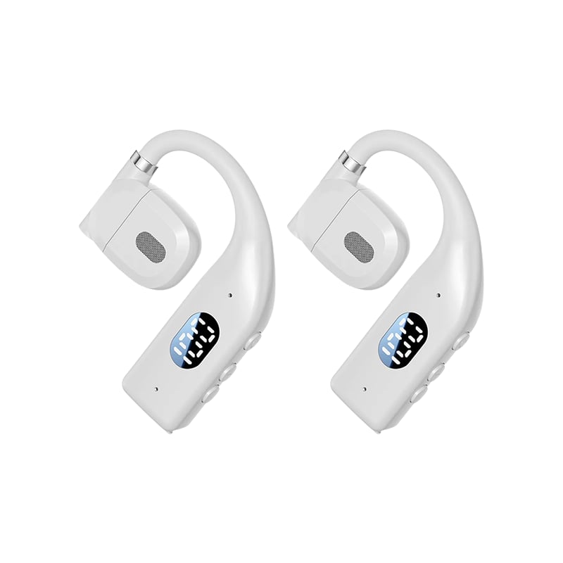 Beige open-ear wireless business headset featuring digital LED power display