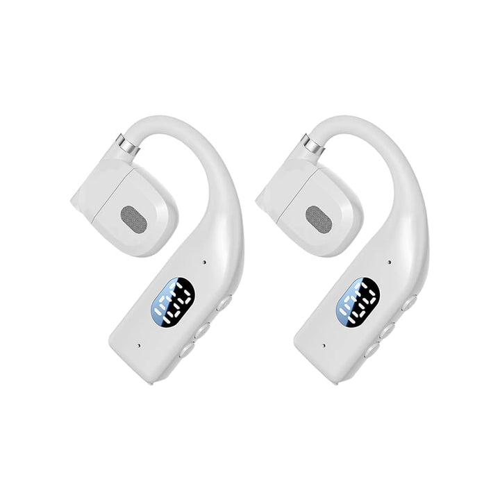 Beige open-ear wireless business headset featuring digital LED power display