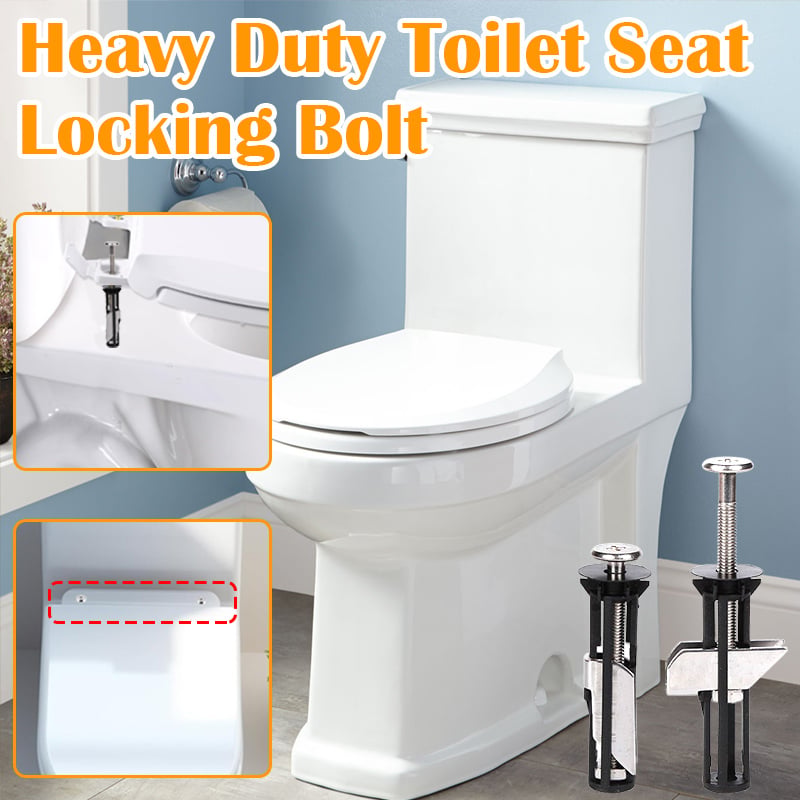 Heavy duty toilet seat locking bolt kit displayed next to a white toilet