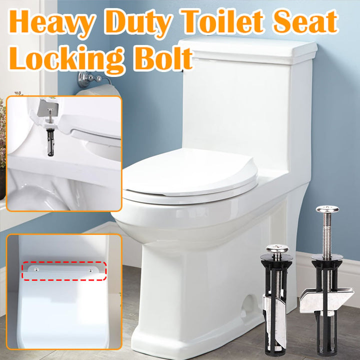 Heavy duty toilet seat locking bolt kit displayed next to a white toilet