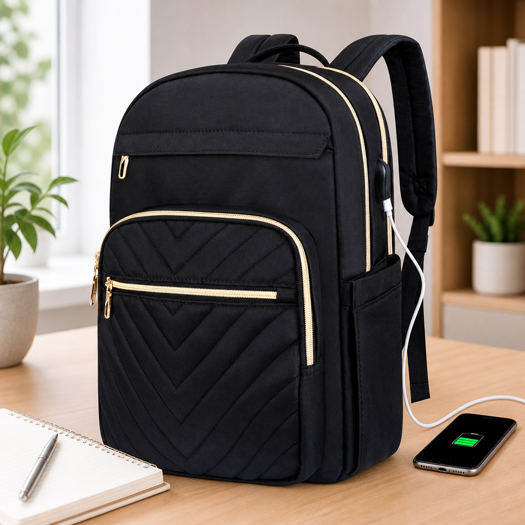 Black women's tech backpack with gold zippers and USB charging port on a wooden table